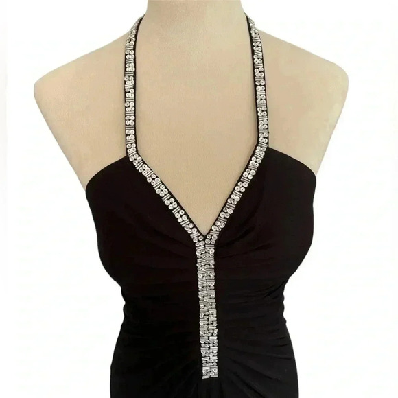 Chetta B Silk Black Evening Formal Gown Rhinestones Babydoll Neckline Women 4 - Picture 4 of 7